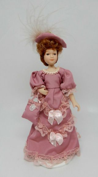 Vintage Porcelain Victorian Woman Doll In Pink Dress Dollhouse Miniature 1:12