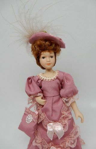 Vintage Porcelain Victorian Woman Doll In Pink Dress Dollhouse Miniature 1:12 2