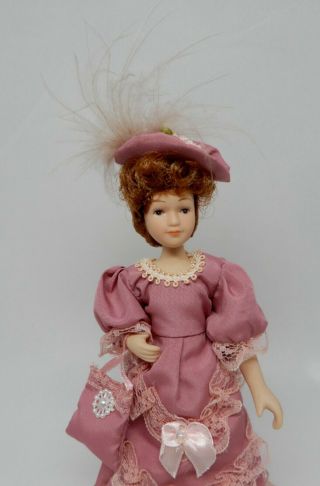 Vintage Porcelain Victorian Woman Doll In Pink Dress Dollhouse Miniature 1:12 3