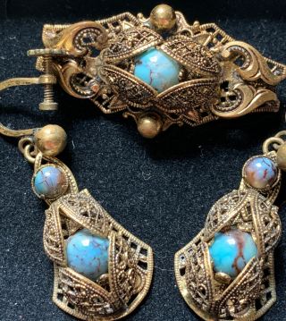 Vintage Czech Filigree And Turquose Brooch And Screwback Earrings Set