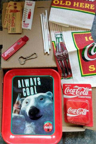 11 Pc Vintage Coke Tray Pencils Towel Coaster Bottle Opener Thermostat Comb Nail