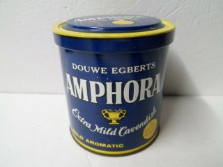 Vintage Douwe Egberts Amphora Cavendish Pipe Tobacco Tin Can Blue Holland w/ Lid 2