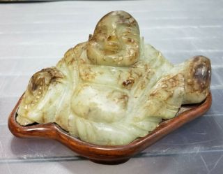 Mid 20th Century Chinese Laughing Buddha Nephrite Jade Carving On Wood Base