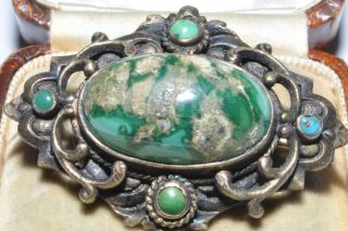 Vintage Art Deco Unsigned Silver Brooch With A Central Turquoise Stone