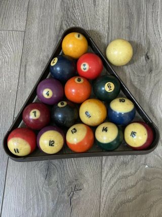 Vtg Aramith Set Of 15 Pool Balls And 1 Cue Ball Full Size With Rack
