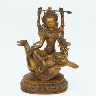 Antique Sino Tibetan Gilt Bronze Four - Armed Bodhisattva Inset With With Gems