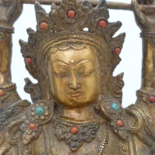ANTIQUE SINO TIBETAN GILT BRONZE FOUR - ARMED BODHISATTVA INSET WITH WITH GEMS 3
