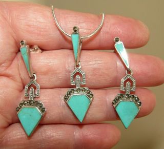925 Sterling Silver Vintage Art Deco Geometric Turquoise Necklace & Earrings Set