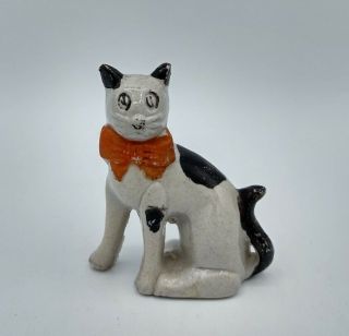 Vintage Porcelain Black & White Cat Hand Painted Figurine Orange Bow Japan