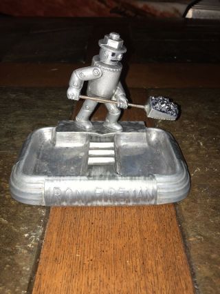Vintage Iron Fireman Double Ashtray With Coal Robot By Rovance - Proo - Cleve - Ohio