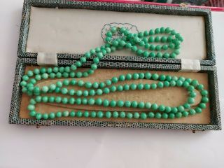 Vintage Art Deco Czech Bohemian Peking Green Glass Flapper Bead Necklace