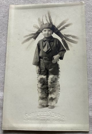 Vintage Real Photo Postcard Little Boy Indian Costume Feather Headdress Rppc