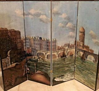 Vintage Chinese Folding Hand Painted Venice Three Paneled Screen/room Divider