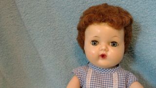 Vintage American Character 13 " Tiny Tears Doll Caracul Wig Blue Check Dress Pant