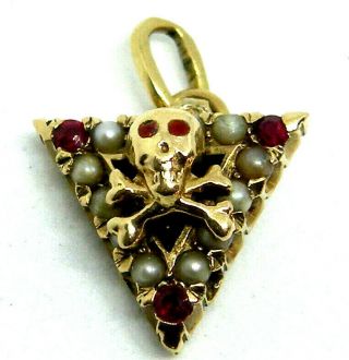 Victorian Antique 18k Gold With Rubies And Sea Pearl Memento Mori Pendant