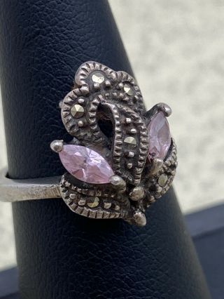 Vintage 925 Sterling Silver Amethyst Marcasite Stone Ring Size 7 (5.  3 Grams)