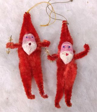 Pair Vtg 1930s Clay Face Chenille Santa Miniature Xmas Ornaments W/ Visca Trees
