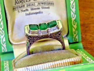 Vintage Palladium Art Deco Antique Colombian 2.  50 Ct Carat Emerald Filigree Ring