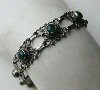 Fine Vintage Taxco Mexican Sterling Silver Malachite Chain Link 8 " Bracelet