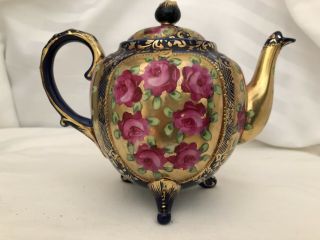 Antique Japanese Tea Pot Heavy Gold Moriage Cobalt Blue Pink Roses Nippon?