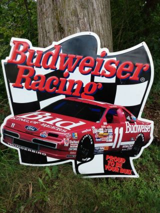 Vintage 90s Bill Elliott Budweiser Beer Nascar Racing Embossed Metal Sign 34x32