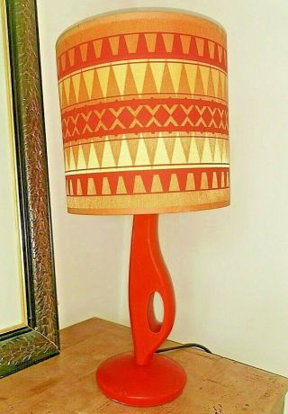 Vintage Mid Century Orange Wooden Table Lamp With Hole Cut Out,  Shade
