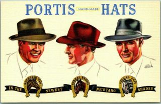 Vintage 1940s Linen Advertising Postcard Portis Hats Men 
