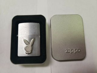 2003 Zippo Lighter Playboy Bunny Head Pewter Logo Brushed Chrome Finish
