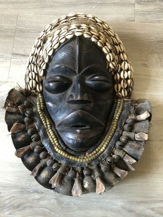 African Mask Dan Tribe Liberia Burnished Wood Cowrie Shells Bells Story Teller