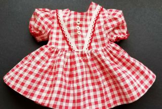 Vintage Red And White Gingham Doll Dress With " V " Trim In Front Sash Fits 16 " Do