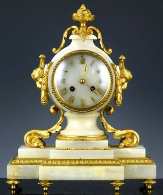 Quality 19thc French Gold Gilt Bronze White Marble Mantle Table Clock