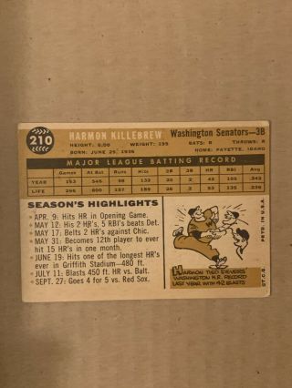 1960 Topps Harmon Killebrew Washington Senators 210 Baseball Card 2