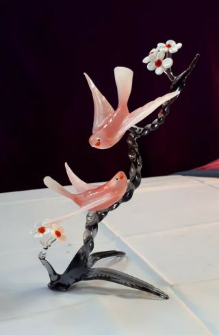 Vintage 1960s (Murano?) Hand - Made Art Glass Pink Love Birds on Blossom Branch 2