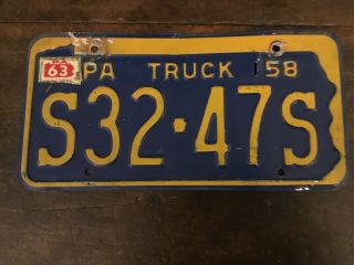 Vintage 1958 Pennsylvania Truck License Plate.  1963 Sticker.  S32 - 47s