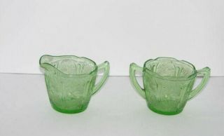 Vintage Green Depression Glass Sugar Bowl & Creamer Set Floral Pattern