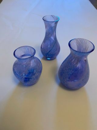 Vintage Caithness Scotland - Set Of 3 Small Blue Lilac White Swirl Glass Vases