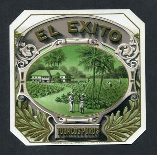 Old El Exito Cigar Label - Tobacco Field,  Palms,  Gold Trim,  Plantation