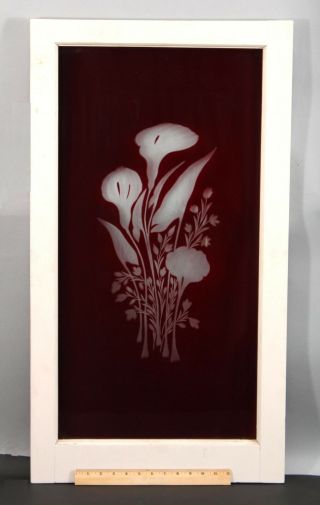 Large 19thc Antique Architectural Red Cut to Clear Glass,  Calla Lily Window,  NR 3