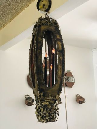 Vintage Mid Century Brass Brutalist Hanging Pendant Light Swag Lamp Chandelier