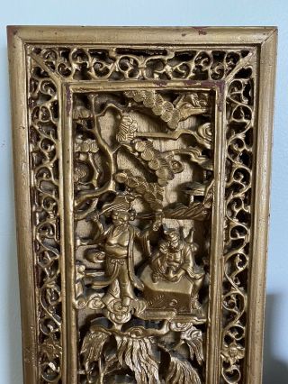 Antique Chinese Gilt Wood Panels With Immortals Court Scene Qing Very Detailed 2
