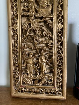 Antique Chinese Gilt Wood Panels With Immortals Court Scene Qing Very Detailed 3