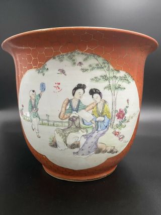 Antique Chinese Famille Rose Vase Jardiniere Planter Iron Red 19th Century Qing
