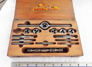 Vintage Wooden Cased Set Of Ba Hss Taps & Dies Sizes: 0,  1,  2,  3,  4,  6,  8 Old Tool