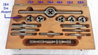 Vintage Wooden Cased Set of BA HSS Taps & Dies Sizes: 0,  1,  2,  3,  4,  6,  8 Old Tool 2