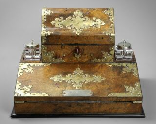Antique Quality Victorian Walnut & Brass Writing Slope Stationary Box Inkstand