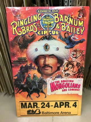 Vintage Ringling Bros.  B & B Circus Poster 24 " By 38 " Mongolians Coming