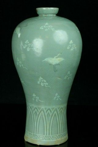 Feb225 Korean Goryeo Celadon Porcelain Meiping Vase White Inlaid Crane H40cm