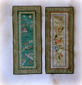 2 Vintage Proc Chinese Silk Panels Bird Flowers Buildings Hand Embroidered No 15