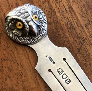 A Sampson Mordan Silver Bookmark,  Owl Head With Glass Eyes.  London,  1897.