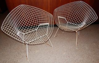 Vintage Harry Bertoia Diamond Lounge Chair Pair 2 Wire Chairs Knoll Mcm
